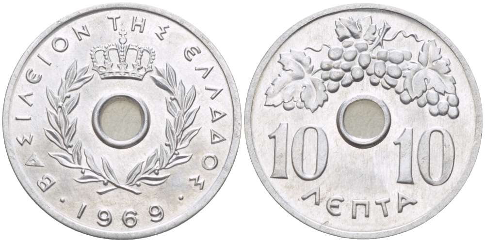 Греция 10 лепта 1969 Константин II (1964-1973), виноградная гроздь KM 78 алюминий UNC 4182-1055