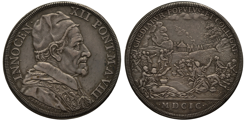 Ватикан 1 пиастр A VIII/1699 Иннокентий XII. Выпадение небесной манны в пустыне Dav. 4108, Muntoni 17 серебро 00-000-00