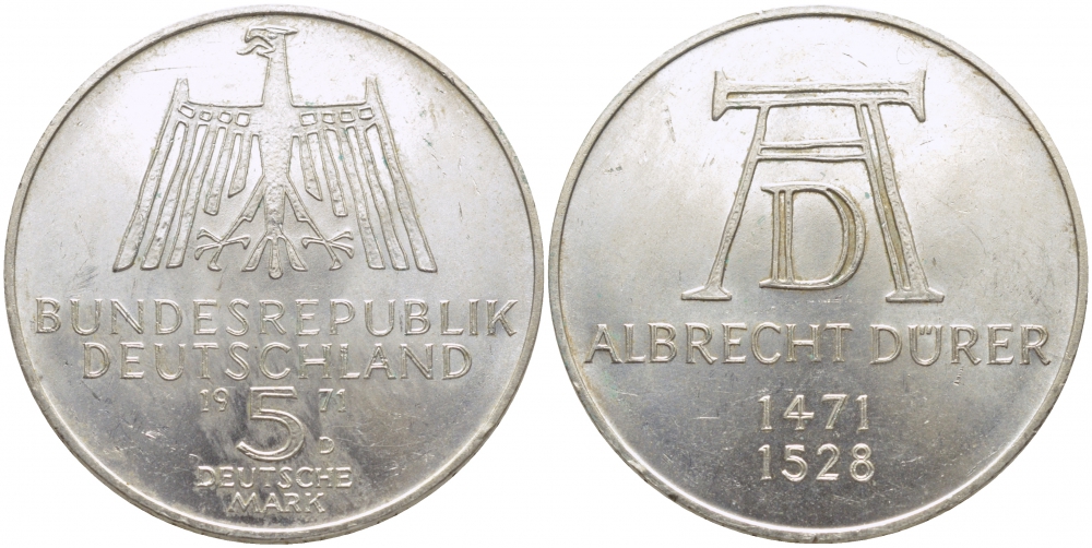 ФРГ 5 марок 1971 D, 500 лет со дня рождения Альбрехта Дюрера KM 129, J. 410 серебро 109-641