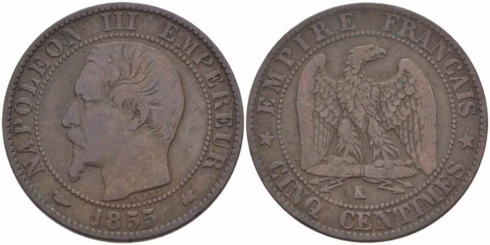 ФРАНЦИЯ 5 САНТИМОВ 1855 K, НАПОЛЕОН III (1852-1870) KM 777.5, LE FRANC 116.24 бронза 108-317
