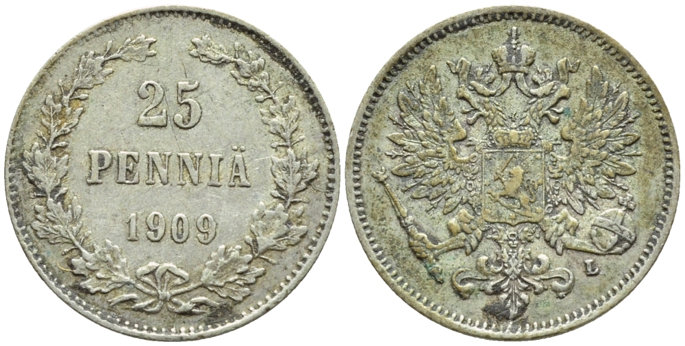 Россия для Финляндии 25 пенни 1909 L, Николай II (1894-1917) KM 6.2, Биткин 417 серебро 57-1165