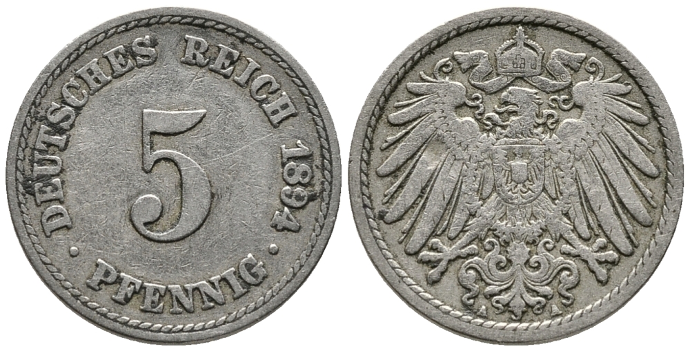 ГЕРМАНИЯ 5 ПФЕННИГОВ 1894 A KM 11, J. 12 медно-никель 39-656
