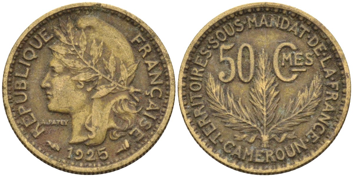 Французский Камерун 50 сантимов 1925 (а), монетный двор Париж KM 1 алюминиевая бронза 4164-1225