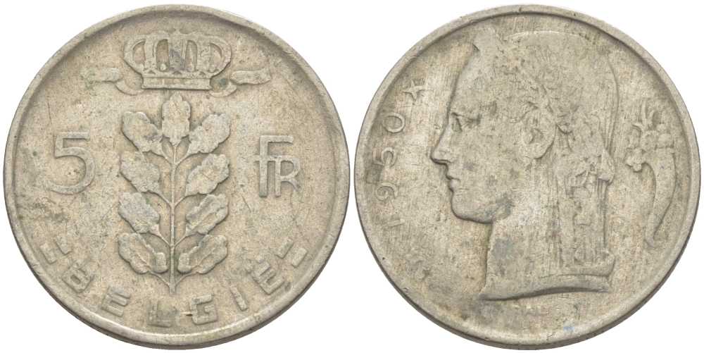 БЕЛЬГИЯ 5 ФРАНКОВ 1950 BELGIE, ЛЕОПОЛЬД III (1934-1950) KM 135.1 медно-никель 119-756
