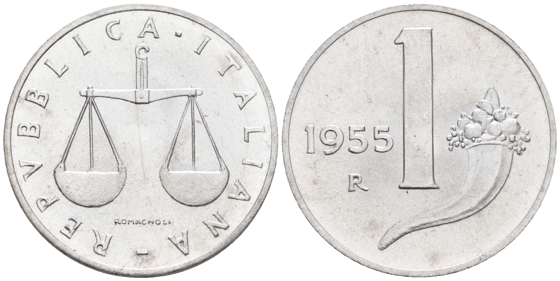 Италия 1 лира 1955 R, весы KM 91 алюминий  UNC  4594-654