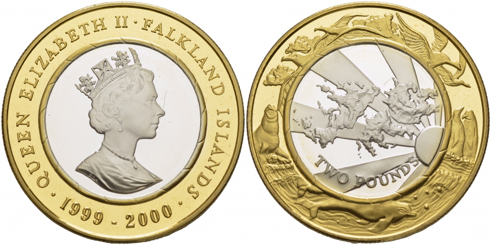 Фолклендские острова 2 фунта 1999 Миллениум, карта, позолота KM 69а серебро, биметалл  PROOF  11-091-41
