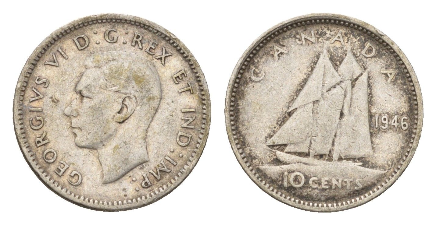 Канада 10 центов 1946 Георг VI (1936-1952), парусник KM 34 серебро 99-547