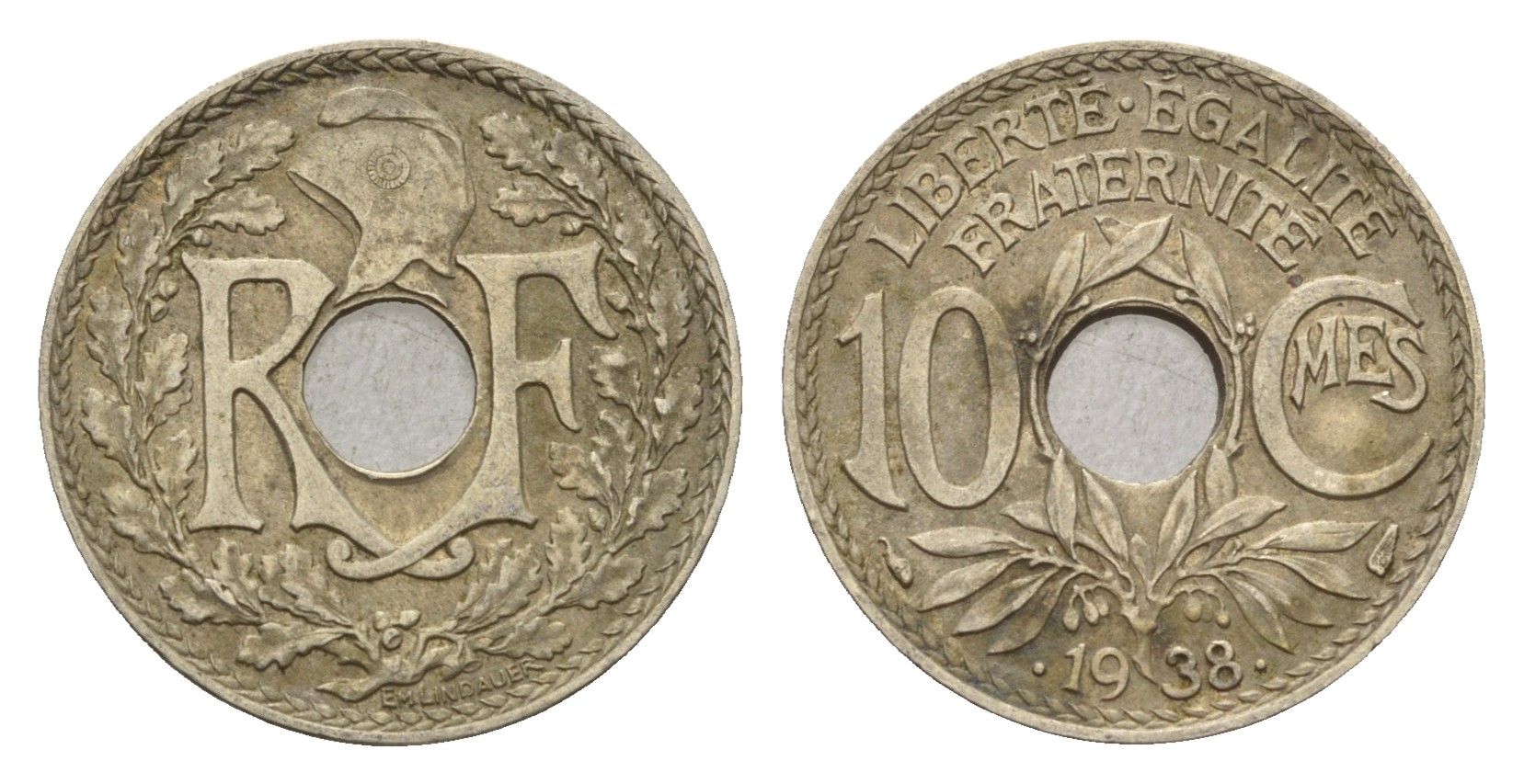 Франция 10 сантимов 1938 KM 866a, Le Franc 138.3 медно-никель 4651-945