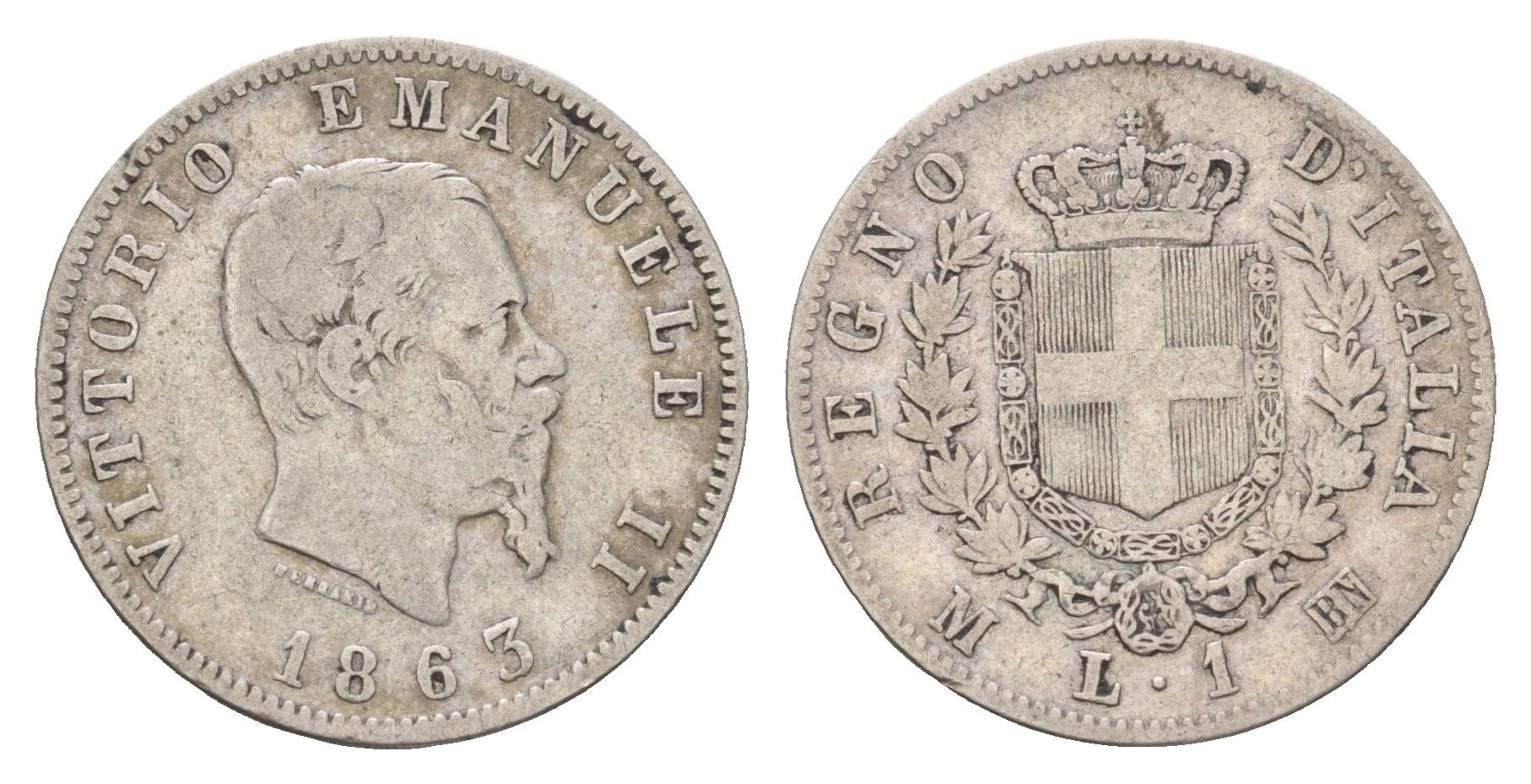 Италия 1 лира 1863 M, Виктор Эммануил II (1861-1878) KM 5a.1 серебро 27-1041