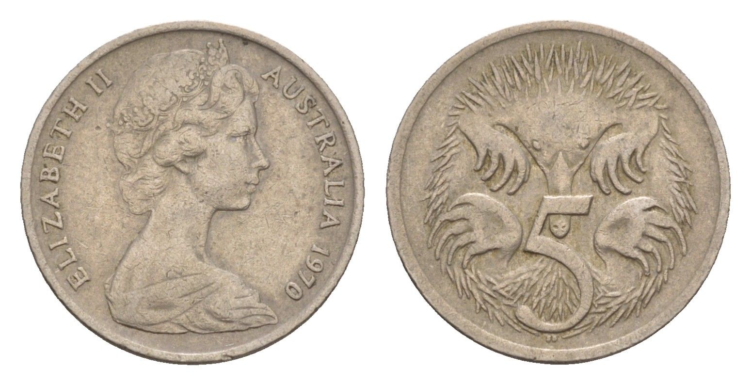 Австралия 5 центов 1970 Елизавета II (1952-2022) молодой портрет, ехидна KM 64 медно-никель 4655-1258