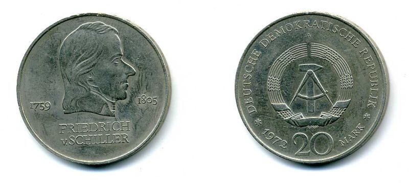 ГДР 20 марок 1972 А, Фридрих Шиллер (1759-1805) KM 40 медно-никель 37-936