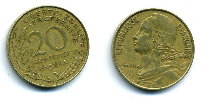 ФРАНЦИЯ 20 САНТИМОВ 1964 ТИП MARIANNE KM 930, LE FRANC 156.4 алюминиевая бронза 25-2332