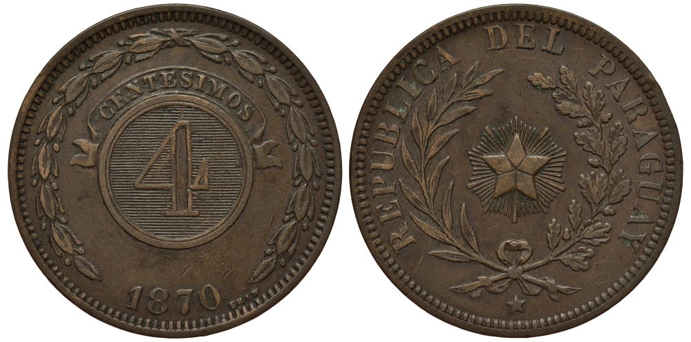 ПАРАГВАЙ 4 СЕНТИСИМО 1870 ГОД ТИП KM 4.1 медь 4179-1345