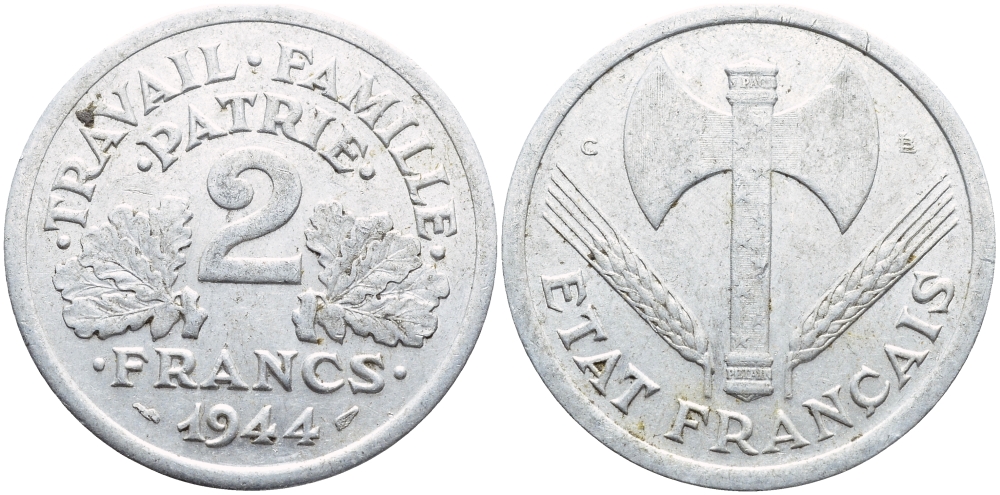 ФРАНЦИЯ 2 ФРАНКА 1944 C ПРАВИТЕЛЬСТВО ВИШИ KM 904.1 алюминий 4389-1042