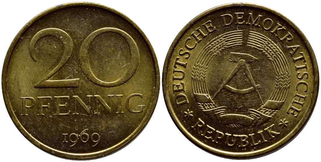 ГДР 20 пфеннигов 1969 А, первый год KM 11 латунь UNC 4398-1153