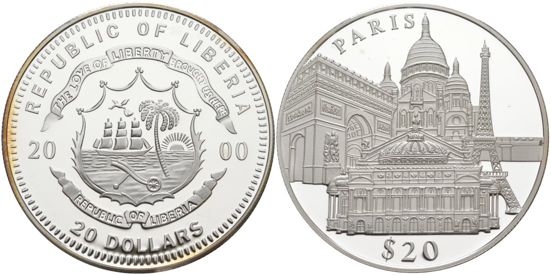 Либерия 20 долларов 2000 серия памятники архитектуры, Париж серебро PROOF 01-148-21