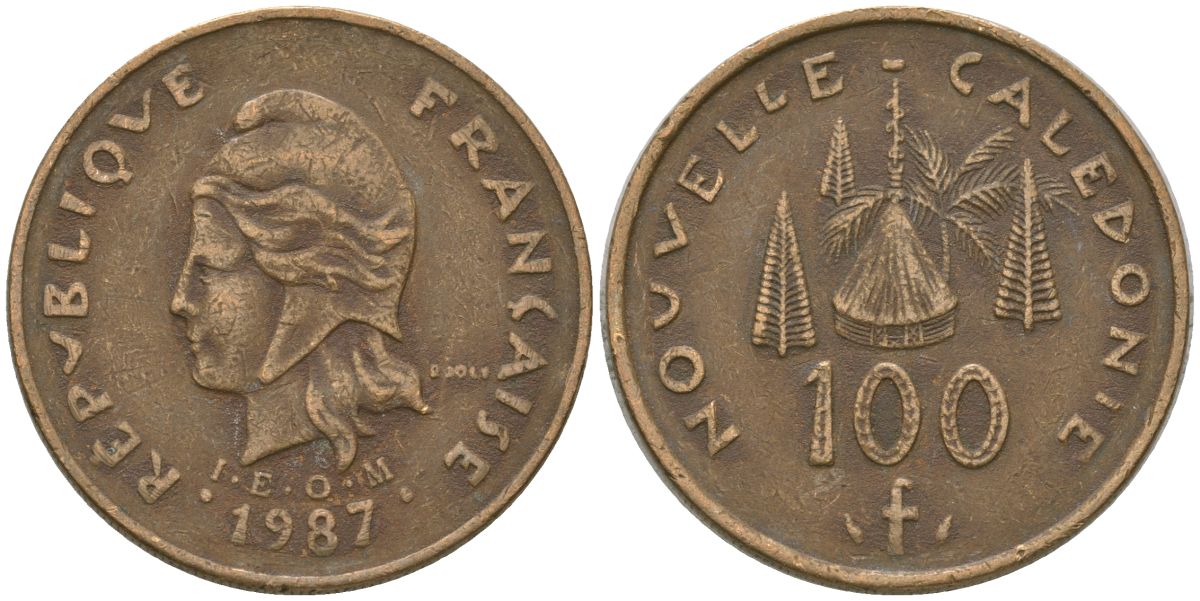Французская Новая Каледония 100 франков 1987 хижина среди сосен и пальм, (IEOM) KM 15, Schoen 16, Lec 135 никель латунь 4137-1014