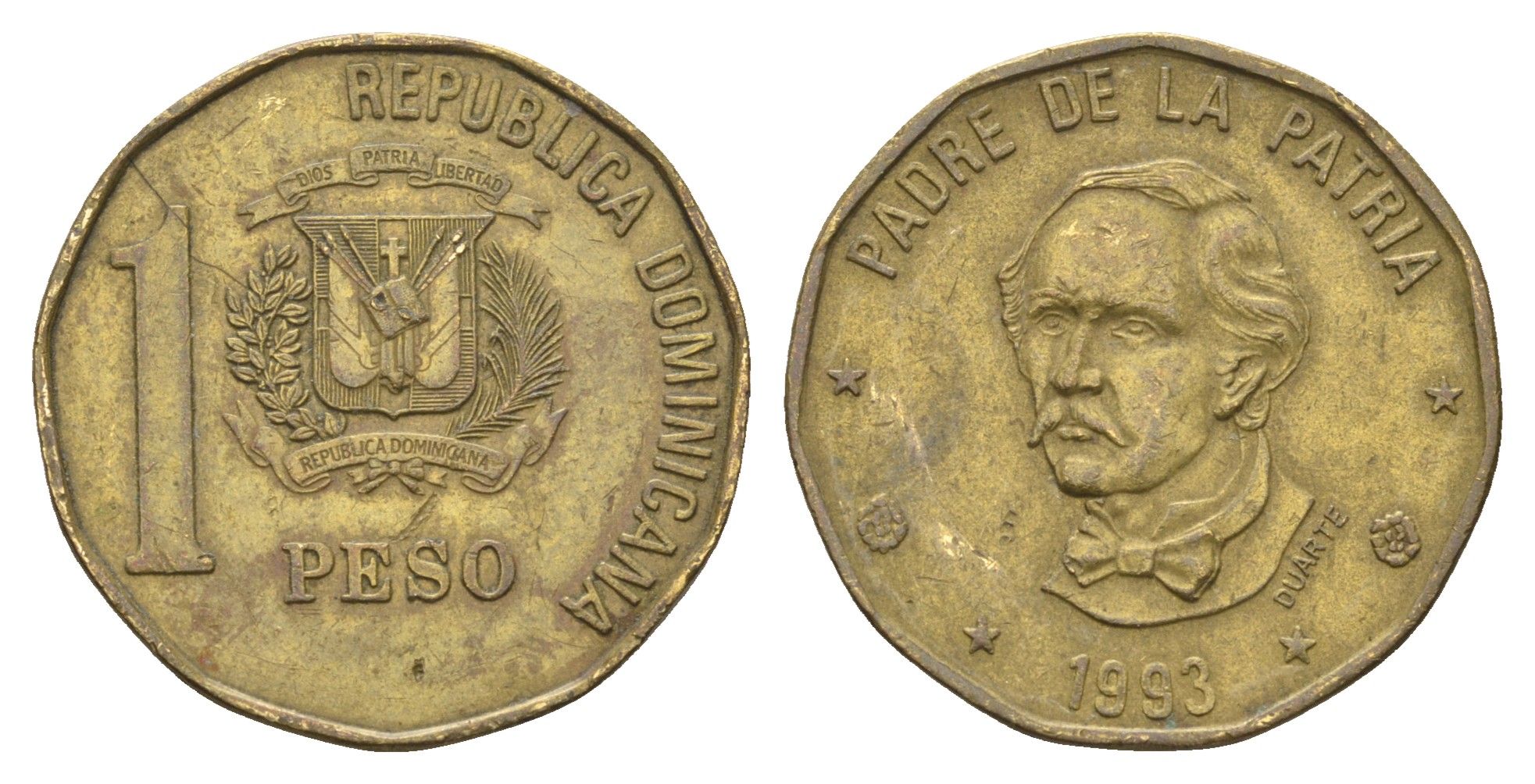 Доминиканская Республика (Доминикана) 1 песо 1993 Хуан Пабло Дуарте KM 80.2 латунь 4663-916