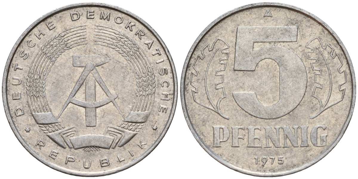 ГДР 5 пфеннигов 1975 A KM 9.1 алюминий 218-765