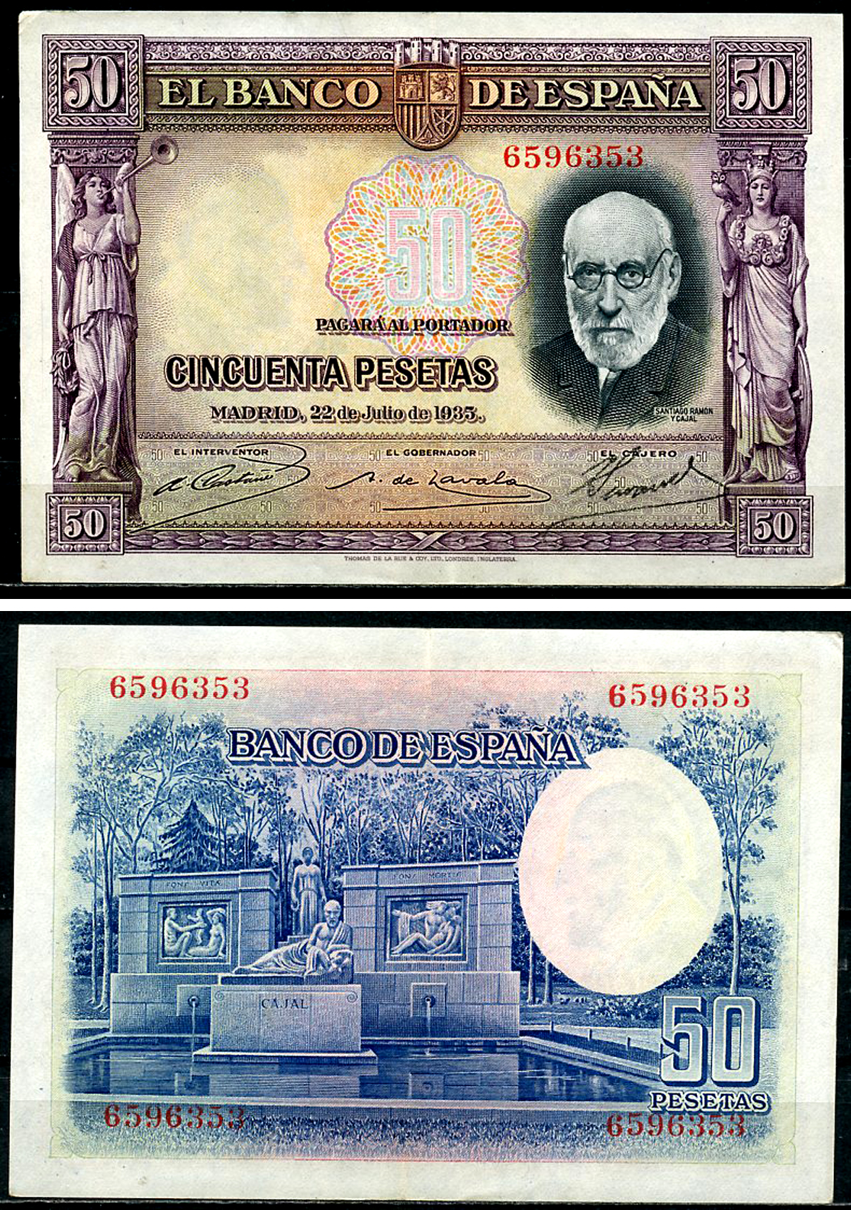 Испания 50 песет 1935 сиреневая, Сантьяго Рамон-и-Кахаль, памятник Pick 88  бумага   6294-44-3-1