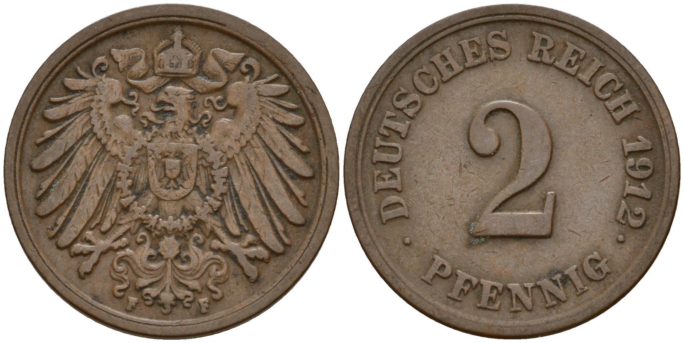 Германия 2 пфеннига 1912 F KM 16, J. 11, Weege 4 медь  4598-613