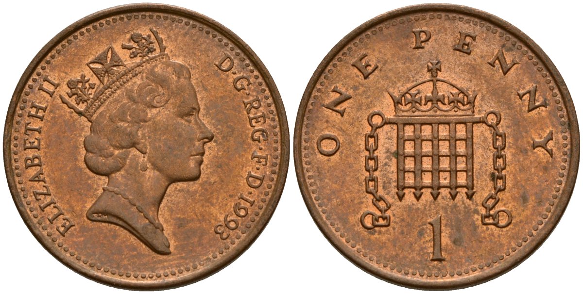 Великобритания 1 пенни 1993 Елизавета II (1952-2022) KM 935a, Spink 4391 (B4) сталь плакированная медью 4154-1013