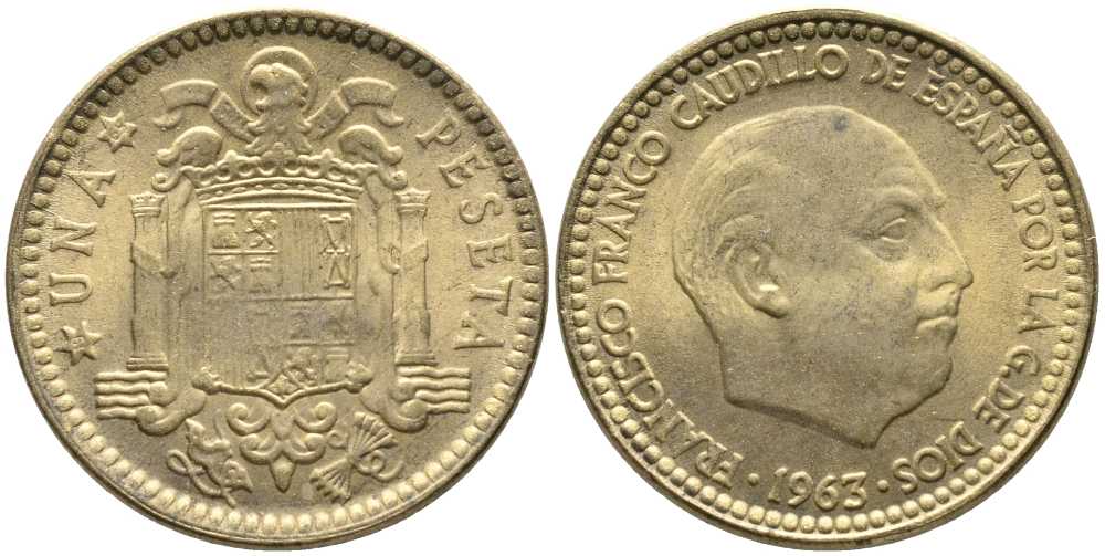ИСПАНИЯ 1 ПЕСЕТА 1963 (65) ФРАНСИСКО ФРАНКО ДИКТАТОР ИСПАНИИ (1939-1975) KM 775 алюминиевая бронза 110-1144