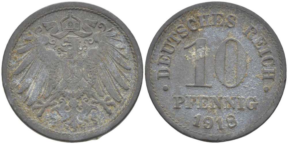 ГЕРМАНИЯ 10 ПФЕННИГОВ 1918 KM 26, J. 299 цинк 4401-133