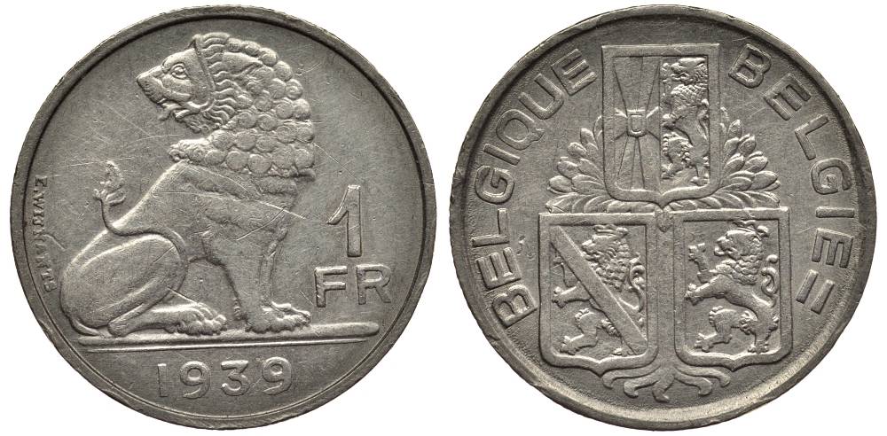 Бельгия 1 франк 1939 Леопольд III (1934-1950), Belgique-Belgie, лев KM 119 никель 27-957