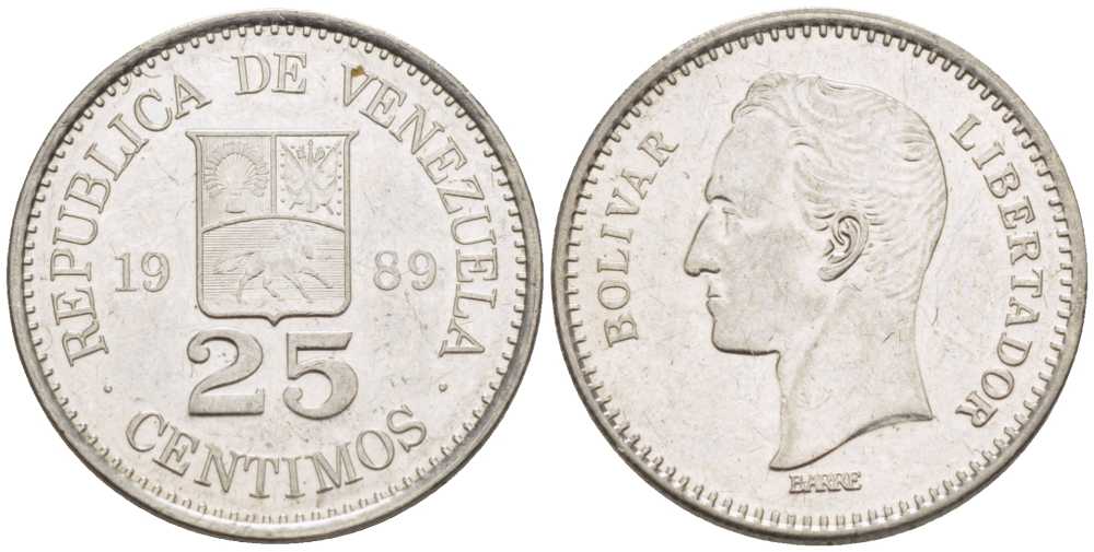 Венесуэла 25 сентимо 1989 Симон Боливар KM 50а сталь плакированная никелем 105-826
