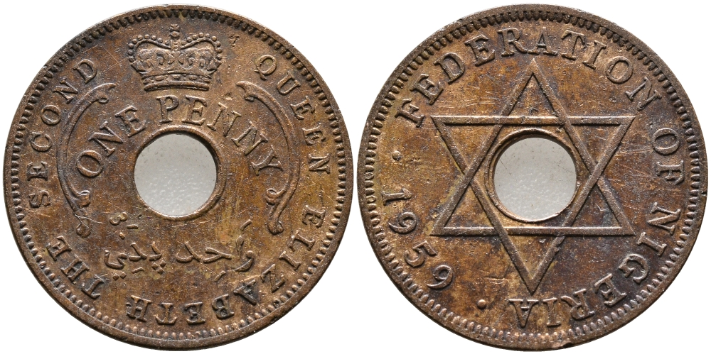 Нигерия 1 пенни 1959 Елизавета II (1952-), Британский протекторат KM 2 бронза 51-1717