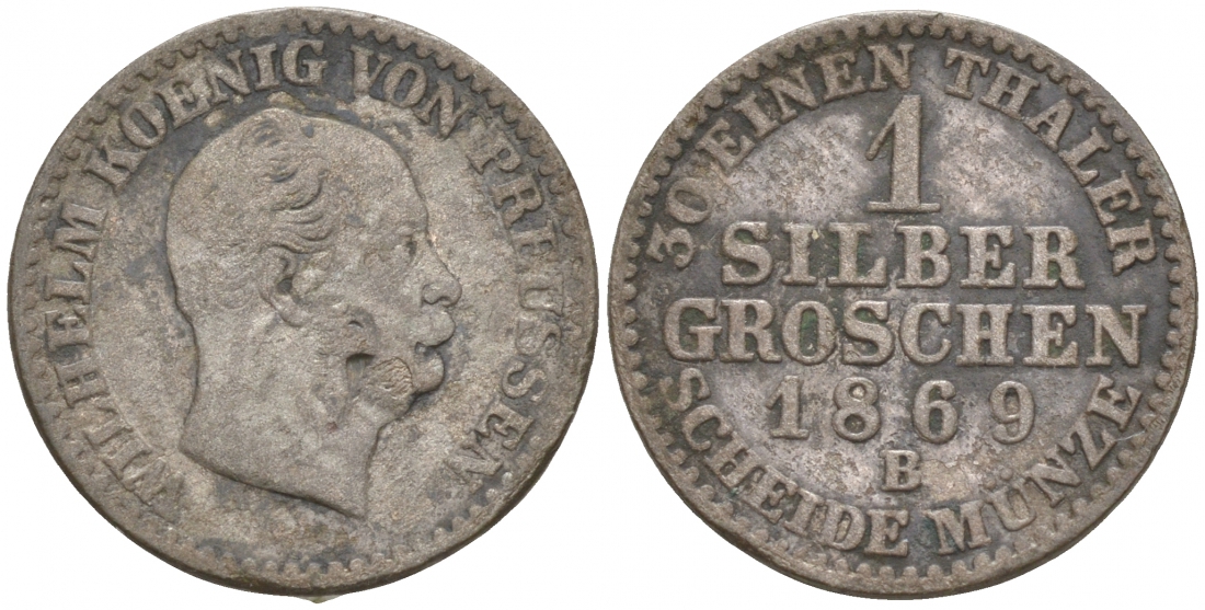 Пруссия 1 серебряный грош 1869 B, Вильгельм I (1861-1888) KM 485, Olding 418, AKS 103, Jaeger 89 серебро    44-952