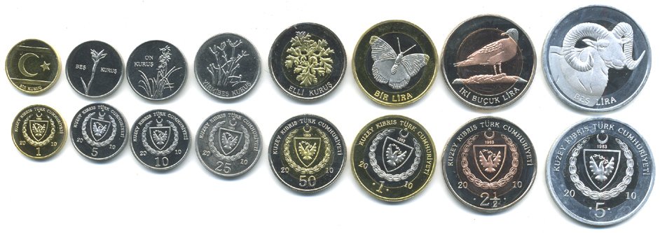 Северный Кипр набор из 8 монет 2010 1, 5, 10, 25, 50 куруш, 1, 2 1/2, 5 лир, животные, три монеты биметалл UNC M77-11