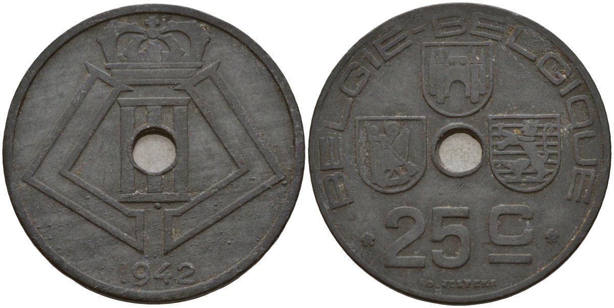 Бельгия 25 сантимов 1942 Belgie - Belgique, Леопольд III (1934-1947), германская оккупация, Вторая мировая война KM 132 цинк 4157-523