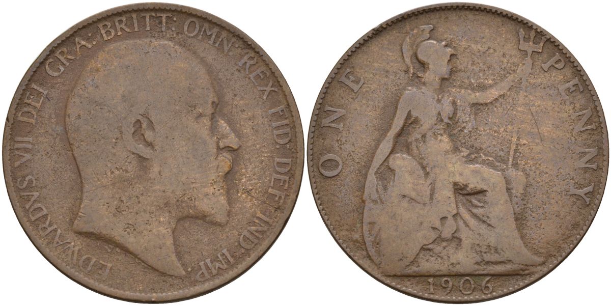 Великобритания 1 пенни 1906 Эдуард VII (1901-1910) KM 794.2, Sp 3990 бронза 4149-642