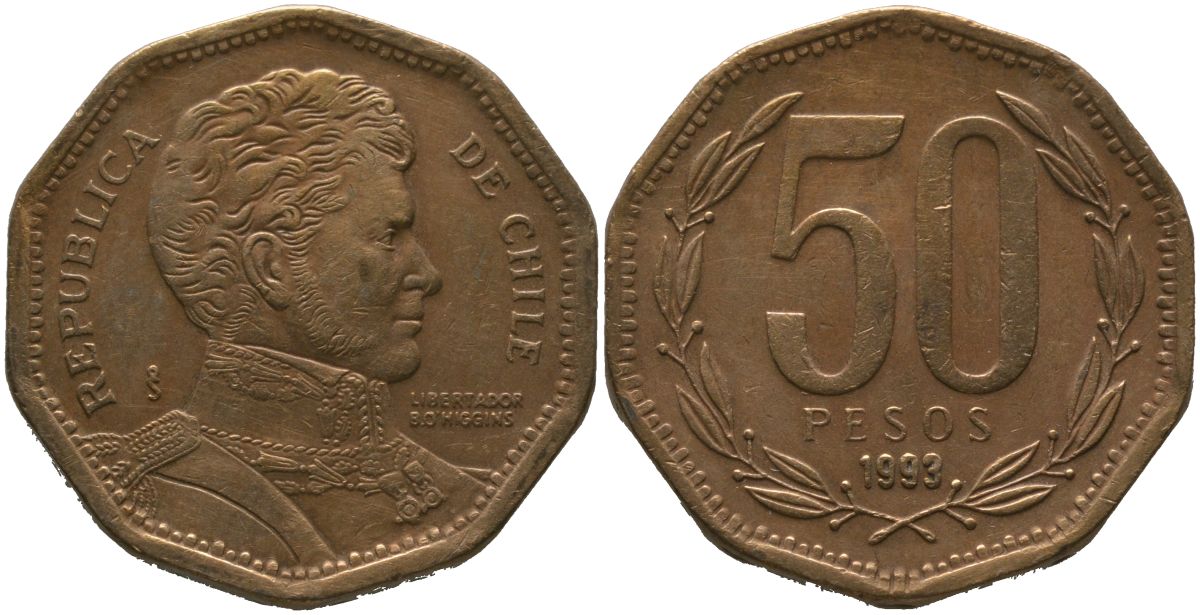 Чили 50 песо 1993 So KM 219.2, Schon 70 алюминиевая бронза 4544-311
