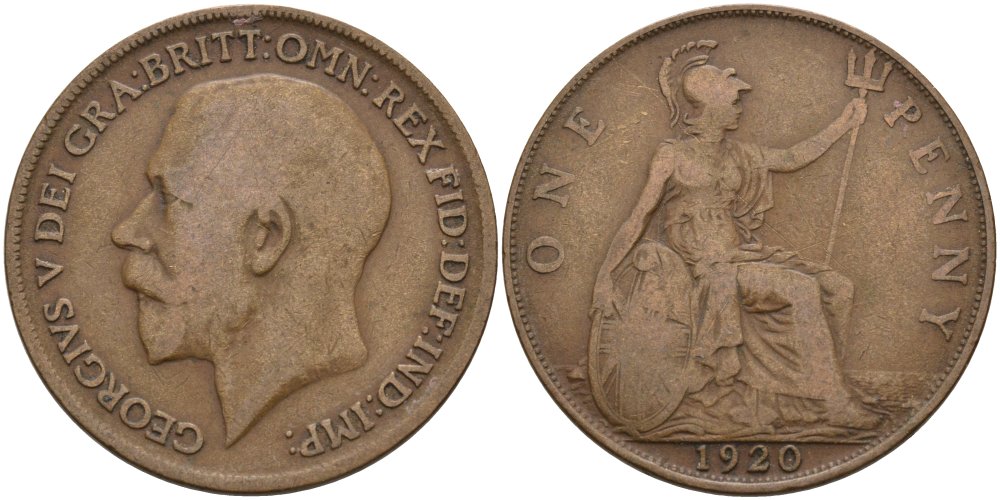 Великобритания 1 пенни 1920 Георг V (1910-1936) KM 810, Spink 4051 бронза 4572-1242