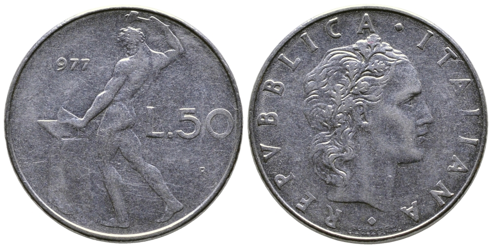 Италия 50 лир 1977 R, бог огня Вулкан у наковальни KM 95.1 сталь    4606-122