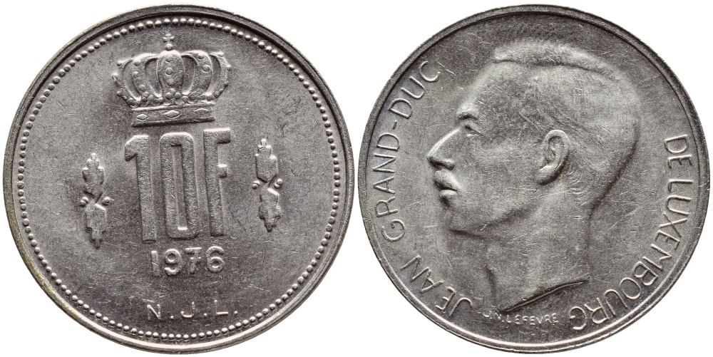 Люксембург 10 франков 1976 Герцог Жан (1964-2000) KM 57 никель 4398-842