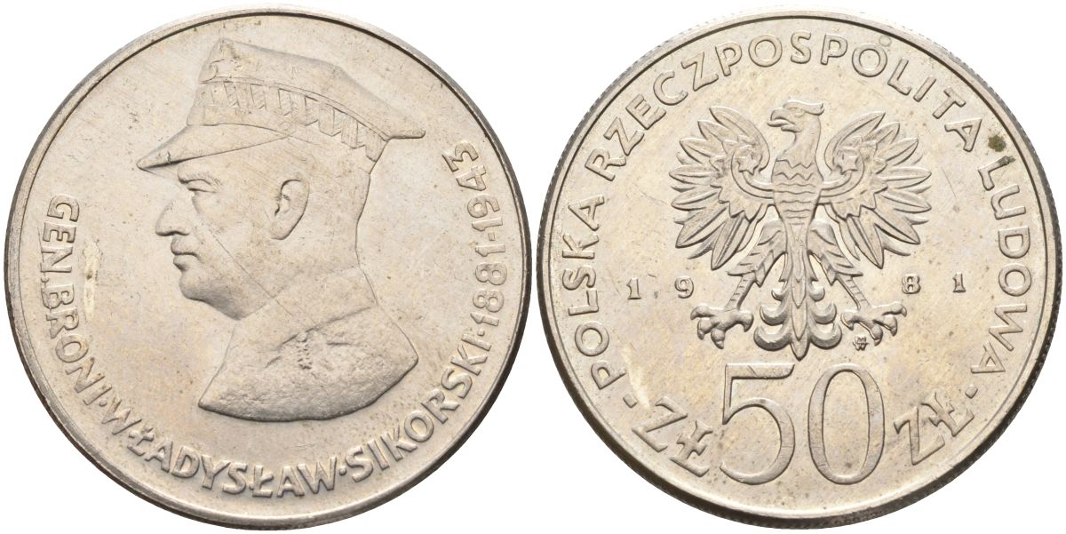 Польша 50 злотых 1981 MW, военачальники Второй мировой войны - Владислав Сикорский Y 122 медно-никель 88-1136