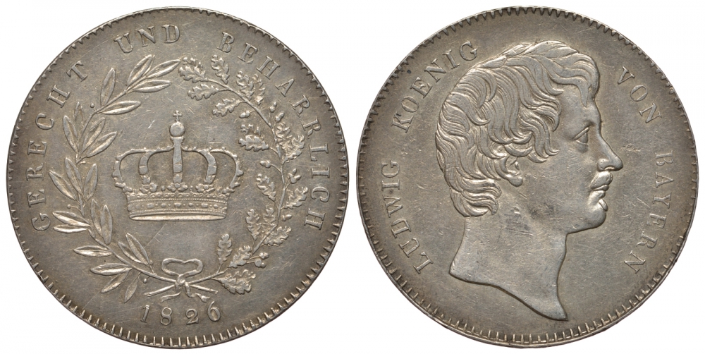 Бавария 1 талер 1826 (конвенцталер) KM 373, AKS 75, J. 23, Thun 47, Kahnt 74 серебро aUNC 00-000-00