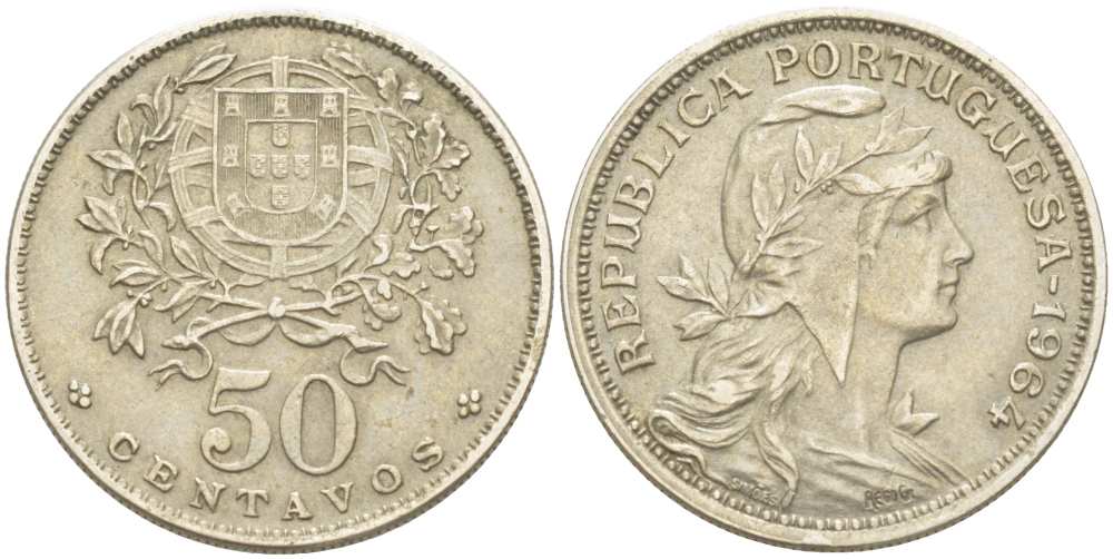 Португалия 50 сентаво 1964 голова Свободы вправо KM 577 медно-никель 4513-1221