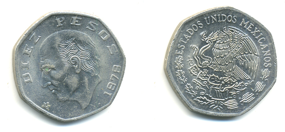МЕКСИКА 10 ПЕСО 1978 МАНУЭЛЬ ХИДАЛЬГО КАСТИЛЬЯ KM 477.2 медно-никель 86-1526