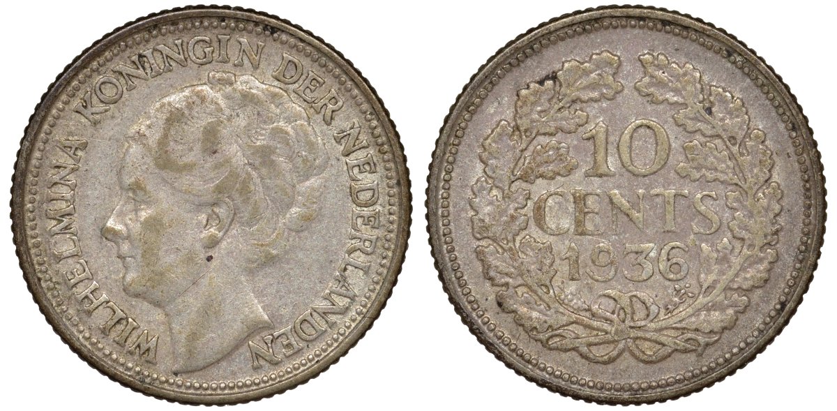 Нидерланды 10 центов 1936 Вильгельмина I (1890-1948) КМ 163 серебро 4174-144