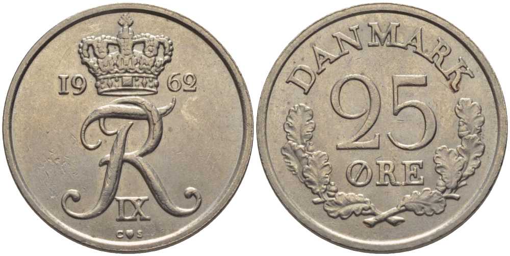 ДАНИЯ 25 ЭРЕ 1962 С;S, ФРЕДЕРИК IX (1947-1972) KM 850 медно-никель 202-727