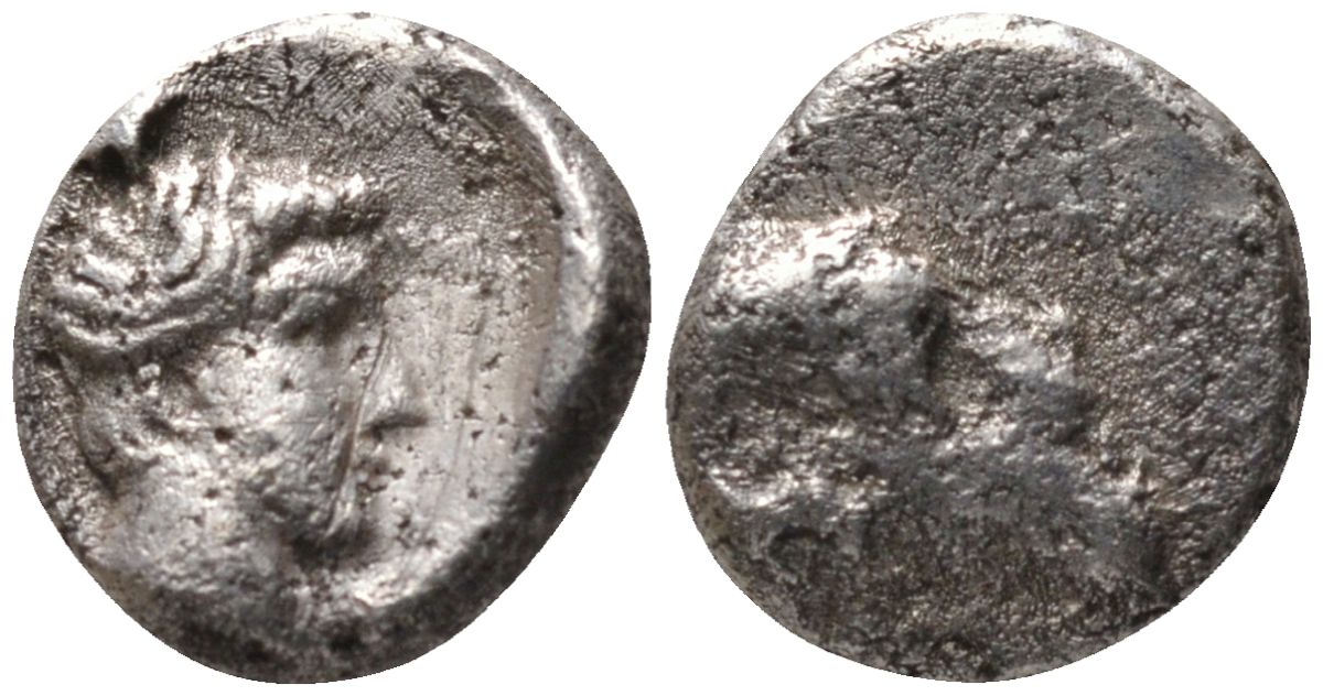 Древняя Греция, Кария, Галикарнас гемиобол 400 - 340 гг. до н.э. голова Аполлона / голова барана, 0,49 гр SNG Helsinki 873; SNG Kayhan 996 серебро 1073-9-75