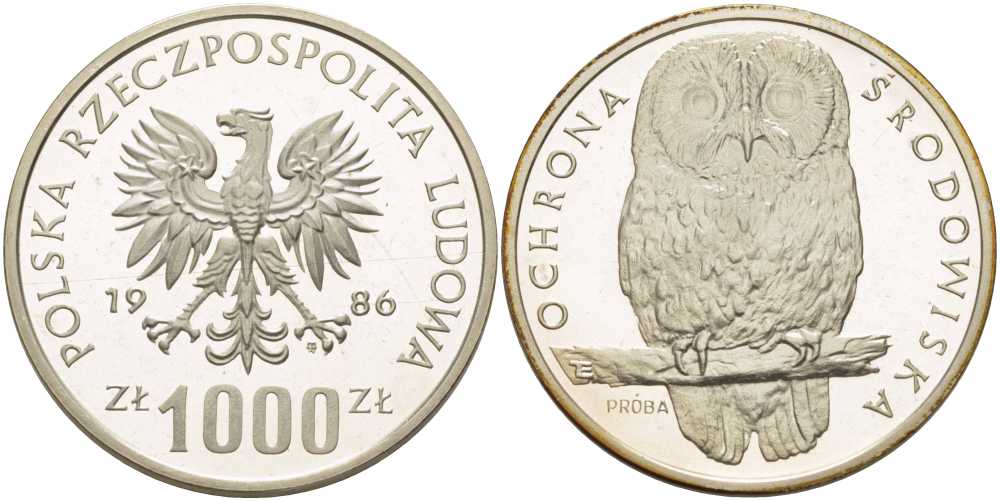 Польша 1000 злотых 1986 MW, серия защита окружающей среды, сова, PROBA, тираж 6000 экземпляров, в оригинальной пластиковой коробке KM Pr548 серебро PROOF 5-3-1-169