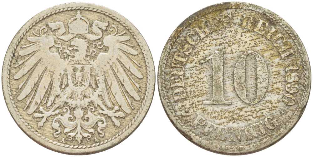 ГЕРМАНИЯ 10 ПФЕННИГОВ 1890 A KM 12, J. 13, Weege 8 медно-никель 261-1236