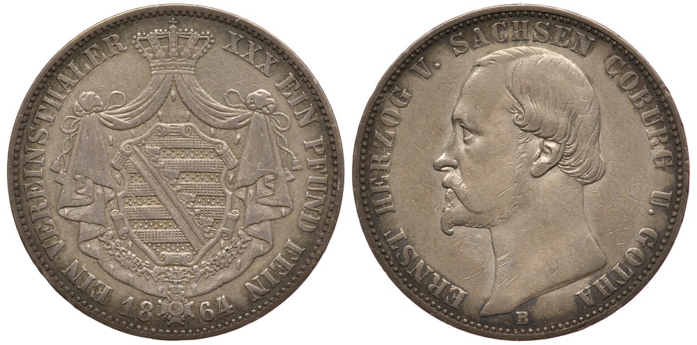 Саксен-Кобург-Гота 1 талер 1864 KM 121 серебро 00-815-73