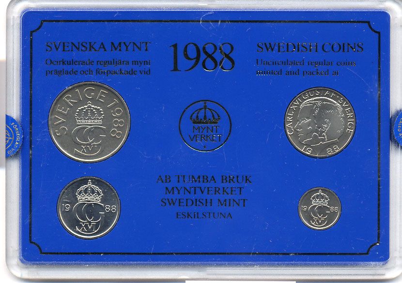 Швеция набор монетного двора из 4 монет 1988 в пластике, Карл XVI Густав (1973- ) KM MS47 UNC 4-3-7-158